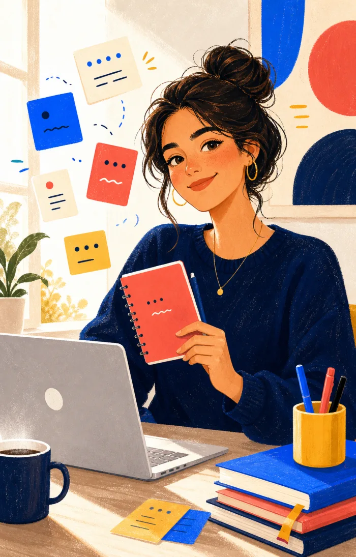 Estudiante de inglés con su cuaderno y portátil